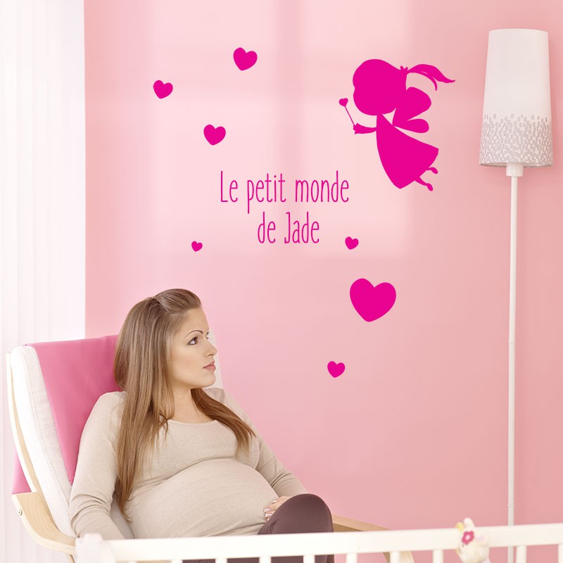 Stickers bébé fille personnalisés coeurs et fée de chambre