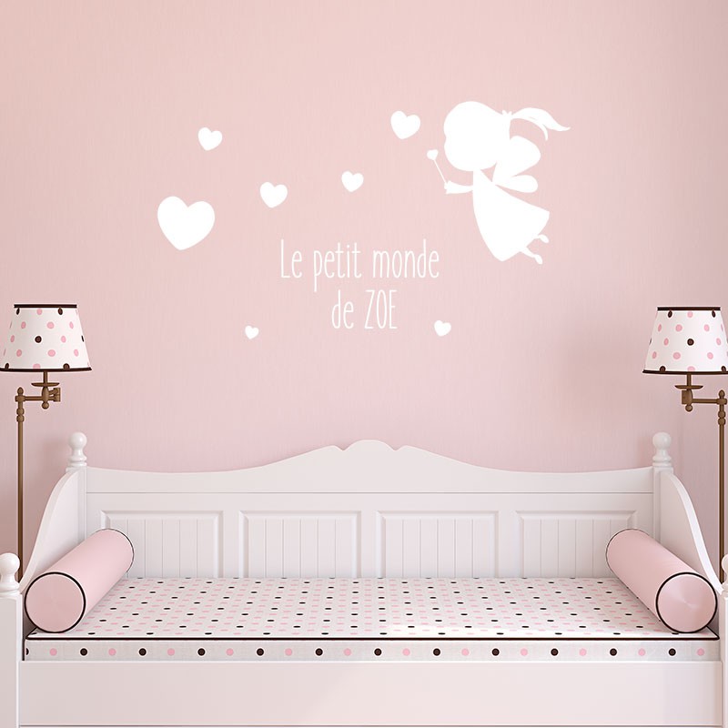 Stickers bébé fille personnalisés coeurs et fée de chambre